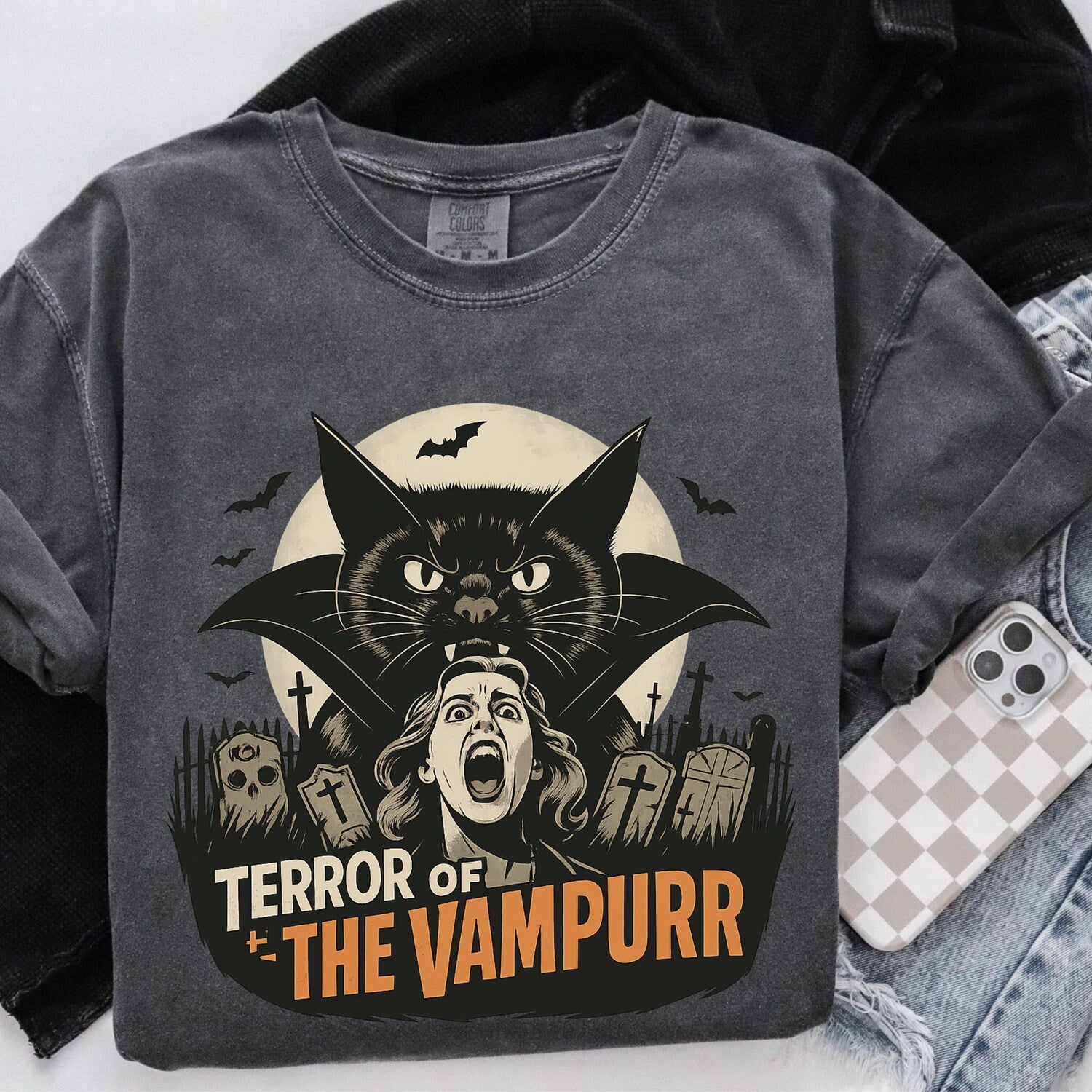 Halloween Cat Vintage Movie T-shirt, Spooky Season Cat Tee, Retro Vampire Cat Lover Gift