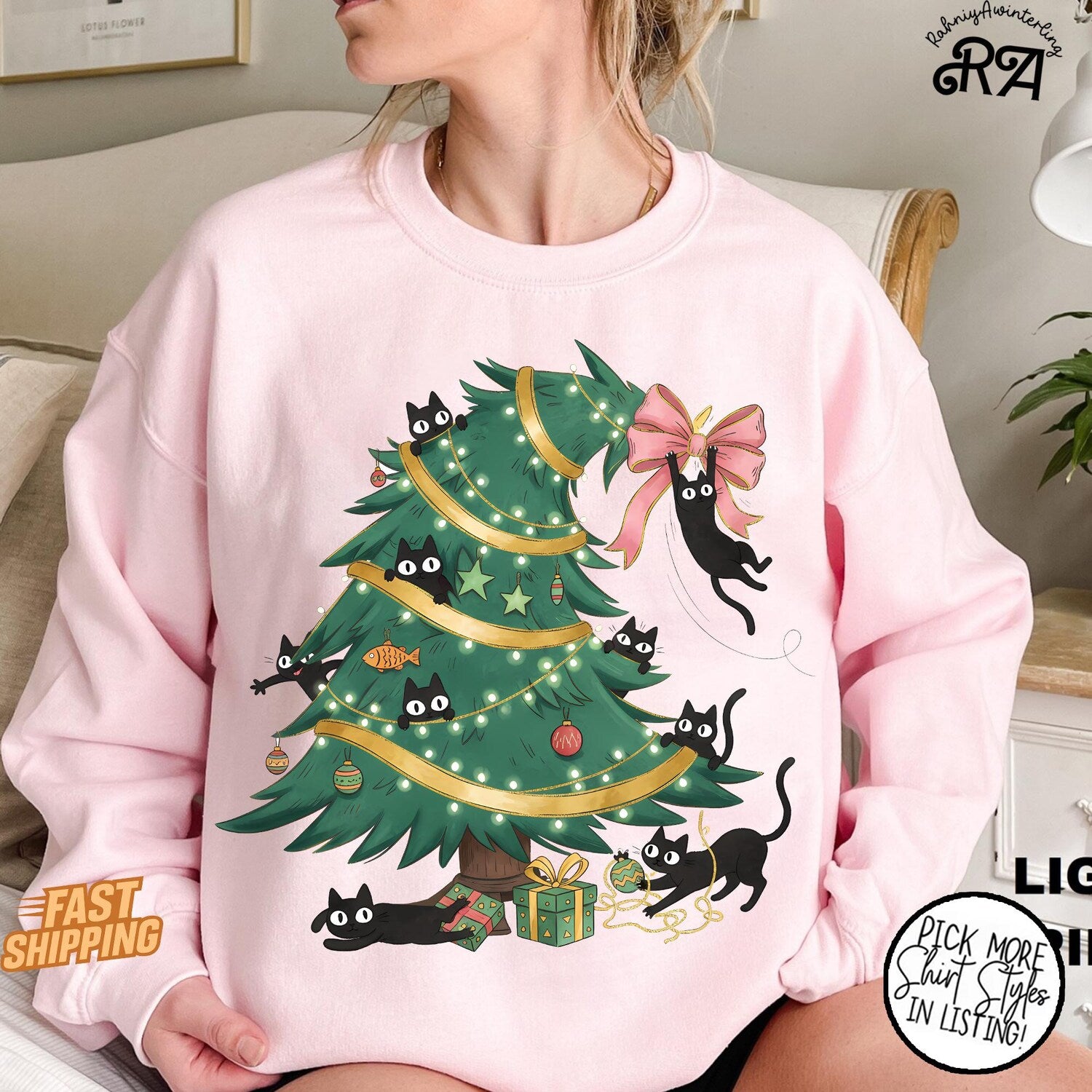 Christmas Tree And Cat T-Shirt, Cute Christmas Shirt, Cat Owner Christmas Gift, Cat Lover Xmas Shirt, Christmas Tree Shirt