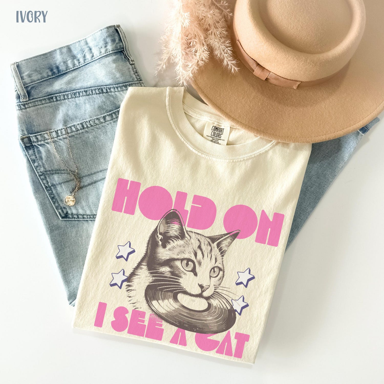 Comfort Colors Hold On I See A Cat Shirt, Cat Lover Gift, Pet Parent Humor T-shirt, Feline Friend, Cat Person Cat Mom Tee