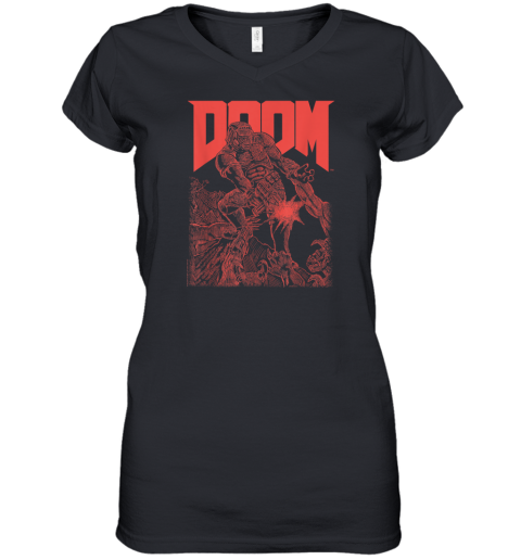 Doom Red Sketched Cover Art Retro Video Game Women039S V Neck T Shirt