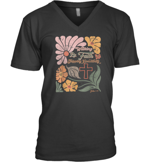 Boho Retro Christian Walking By Faith Tripping Constantly V Neck T Shirt