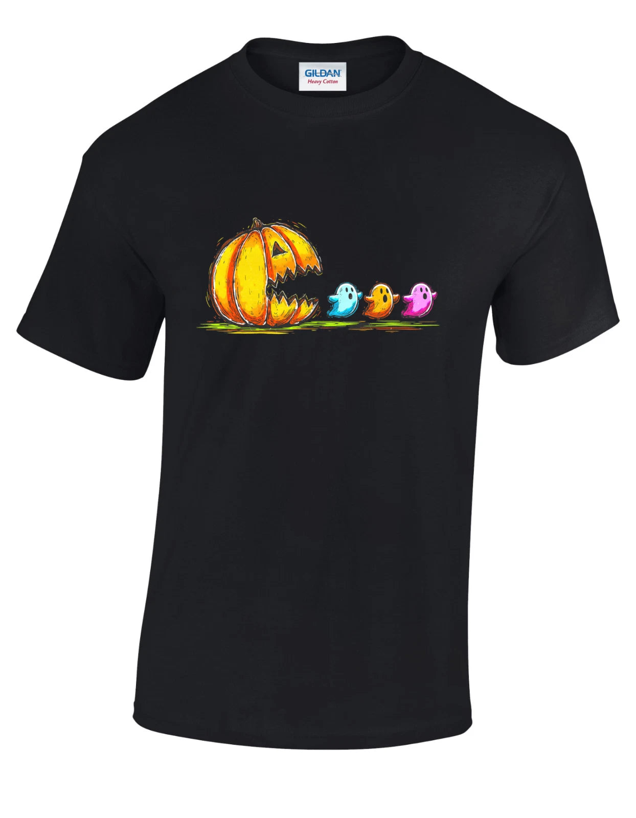 Halloween Pacman Printed T-shirt Gildan Heavy Cotton Black Pacman Pumpkin Ghosts