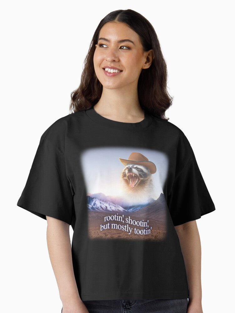 rootin shootin but mostly tootin cowboy raccoon word art Boxy T Shirt T Shirt Trending US US Top Pick