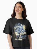 Cat in the nigth with star and bats impressionism famous painting Starry Night Style Van Gogh painting Cat Lover Boxy T