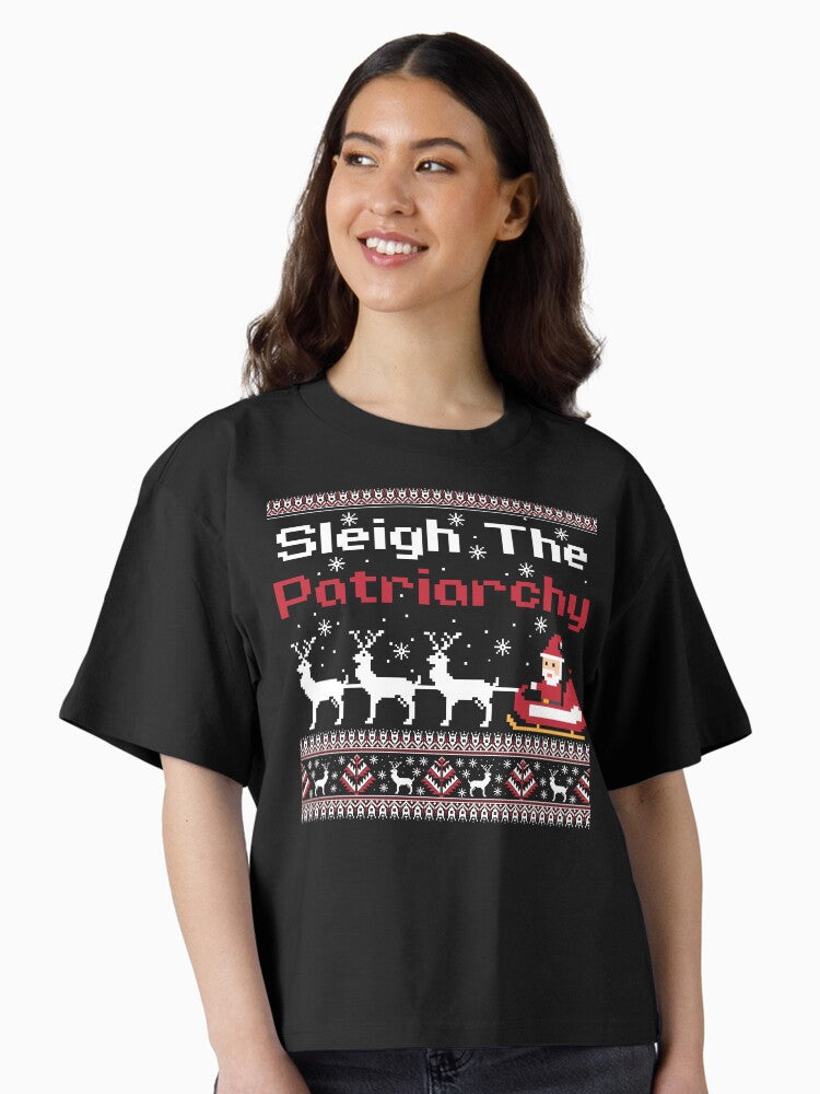 Sleigh The Patriarchy Feminist Christmas Boxy T Shirt T Shirt Streetwear Style US Top Pick