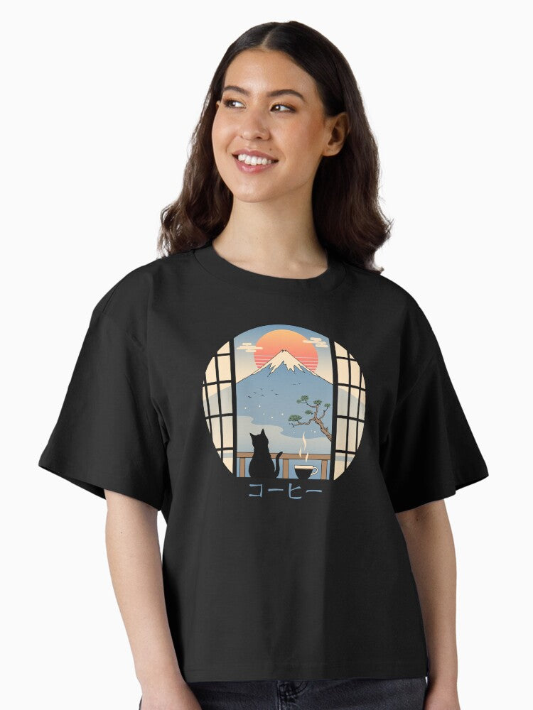 Coffee Cat in Mt Fuji Boxy T Shirt T Shirt Trending US Everyday Wear