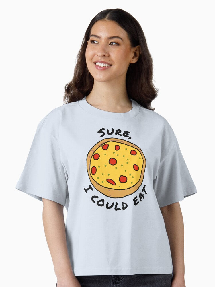 Funny Cartoon Food Pepperoni Pizza with Text Sure I Could Eat Boxy T Shirt T Shirt Comfort Fit Fan Favorite