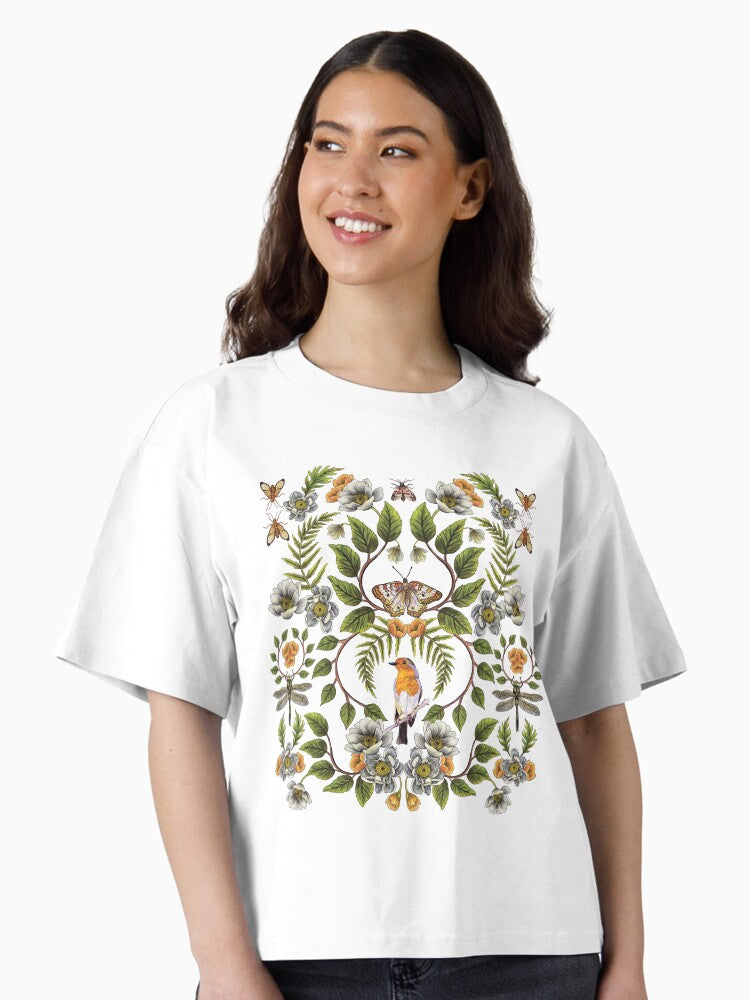Spring Reflection Floral Botanical Pattern w Birds Moths Dragonflies Flowers Boxy T Shirt T Shirt Comfort Fit Gift Ready