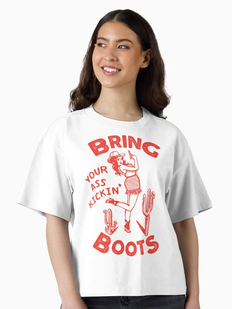 Bring Your Ass Kicking Boots Cool Retro Cowgirl With A Gun A Great Gift Idea For Women Boxy T Shirt T Shirt Viral TikTok