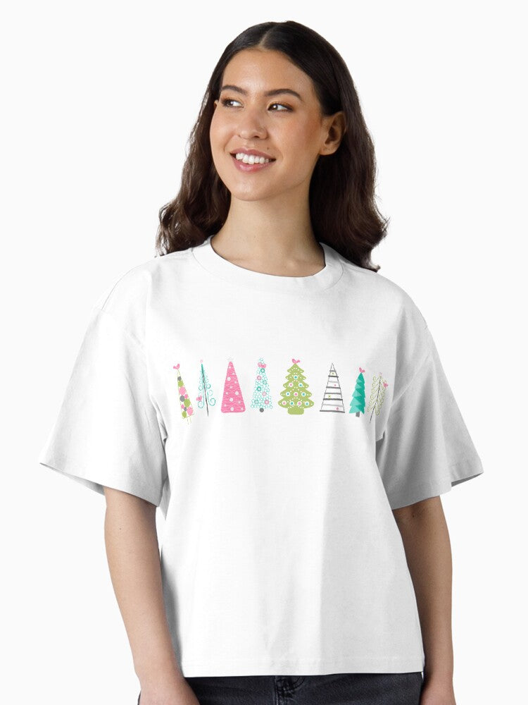 Swedish Minimalist Christmas Trees Pattern Modern Pink and Blue Boxy T Shirt T Shirt Viral TikTok Find Everyday Wear