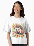 Watercolor Hedgehog with Flowers Boxy T Shirt T Shirt Viral TikTok Find Fan Favorite