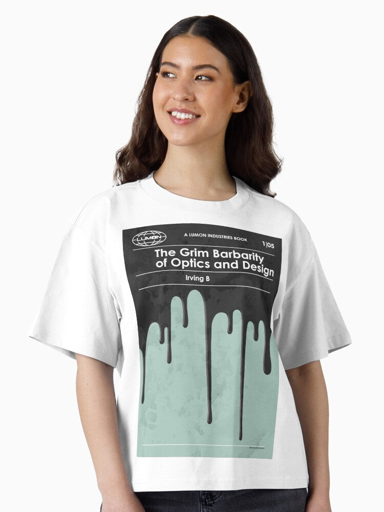 Severance Retro Book Cover S1 E5 The Grim Barbarity of Optics and Design Boxy T Shirt T Shirt Trending US Gift Ready