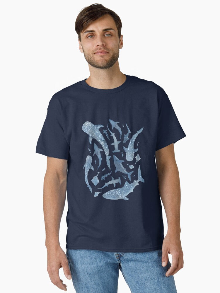 Monochrome blue watercolour shark ocean on black Classic T-Shirt | Graphic T-Shirt for Unisex