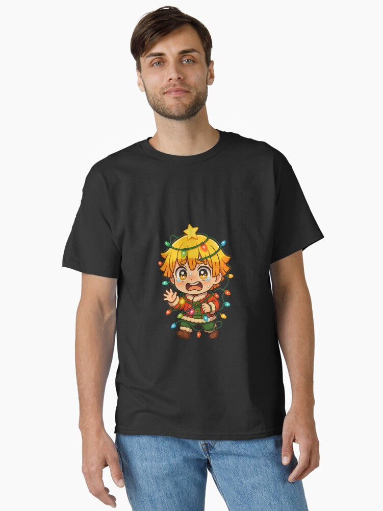 Chibi Zenitsu Tangled in Glowing Christmas Lights – Funny Anime Holiday Art Classic T-Shirt