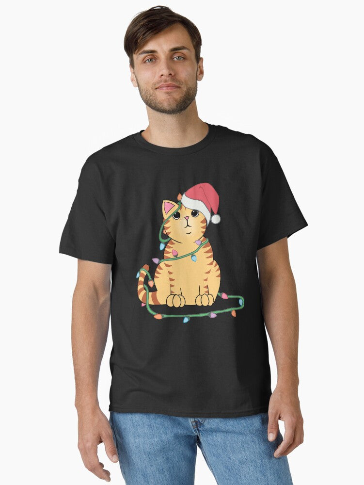 Orange Tabby Cat Christmas lights funny cat lover xmas hat Classic T-Shirt