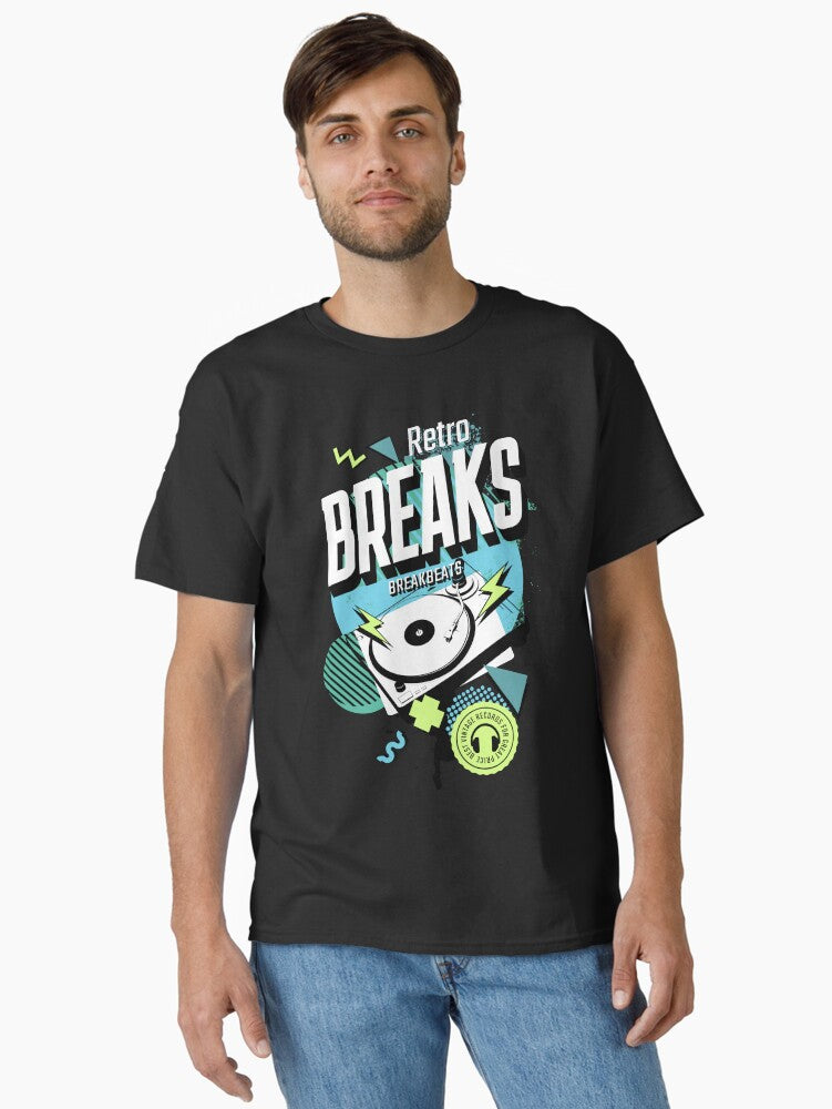 Breakbeat - Retro Breaks Turntable Whitebluegreen Classic T-shirt | Trendy Graphic Tee | Casual Unisex T-shirt