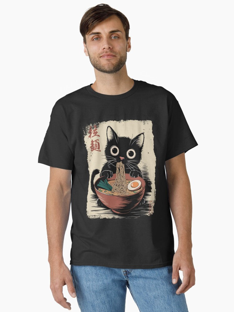 Ramen Cat - Black Cat Eating Ramen - Japanese Noodles - Cute Anime Style Art Classic T-Shirt | Graphic T-Shirt for Unisex