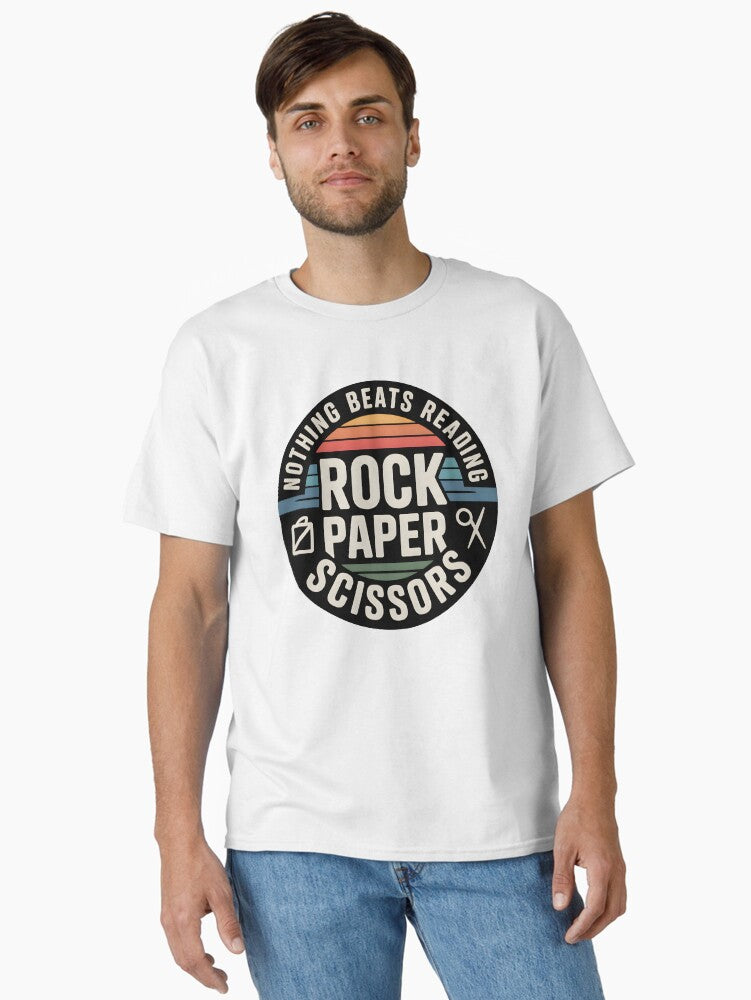 Nothing Beats Reading Retro Sunset Rock Paper Scissors Book Lover Design Classic T-shirt | Trendy Graphic Tee | Casual Unisex T-shirt