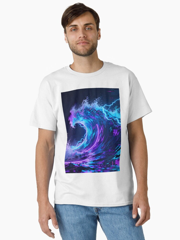 Neon waves crashing on dark Classic T Shirt T Shirt AI Inspired Art Modern Aesthetic