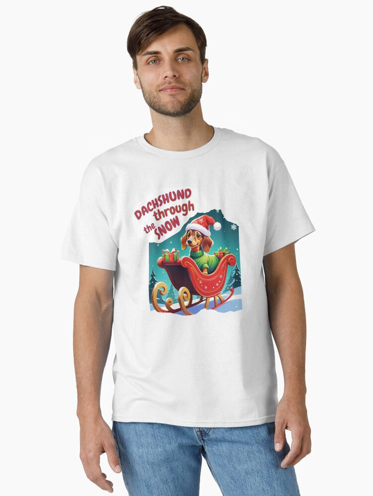 "Dachshund Through The Snow" Cute Dog in Sleigh Classic T-Shirt