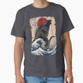 Godzilla Surfing The Great Wave by Hokusai Funny Parody Classic T-Shirt for Sale by manbird