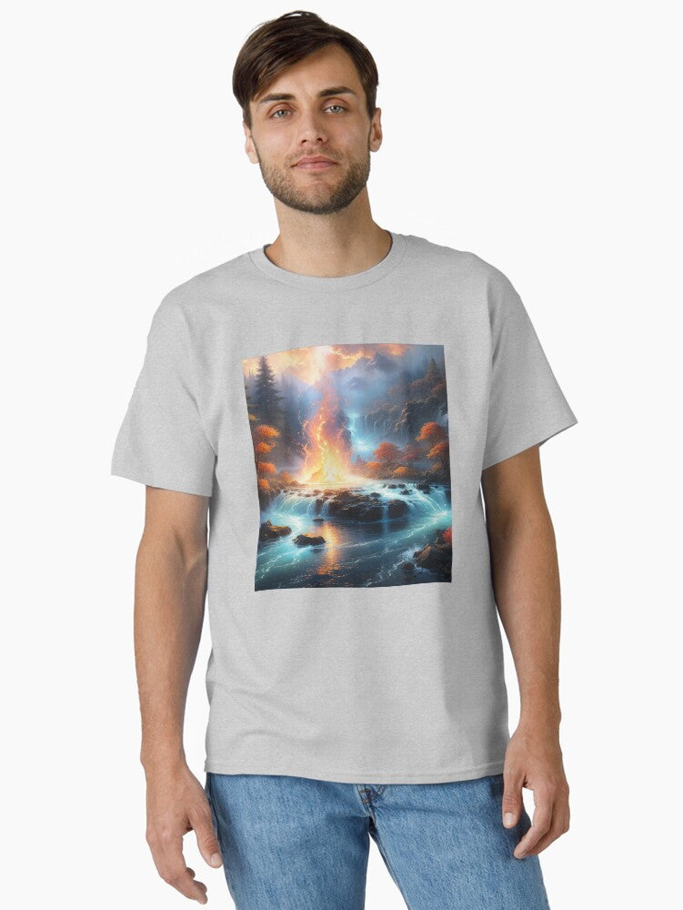 Serene Waterfall Meets Fiery Heart Classic T Shirt T Shirt AI Inspired Art Modern Aesthetic
