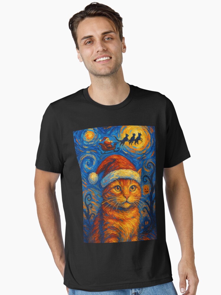 Starry Night Festive Christmas Black Cat Santa Hat Essential T-Shirt