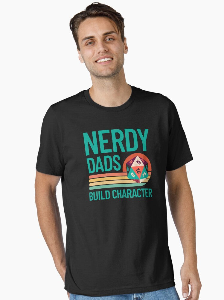 Nerdy Dads Build Character Retro D20 Dice Geek Dad Design Essential T Shirt T Shirt | Viral US Style | Great Gift for...
