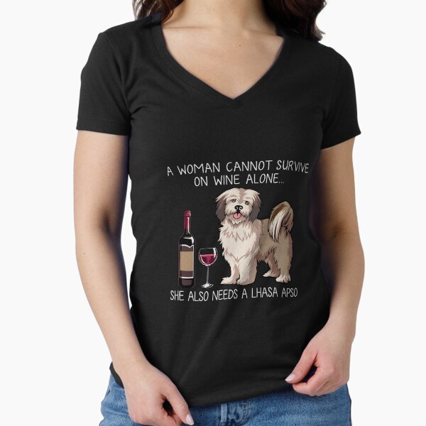 Lhasa Apso and wine Funny dog Fitted V-Neck T-Shirt for Sale by TeeDoozy