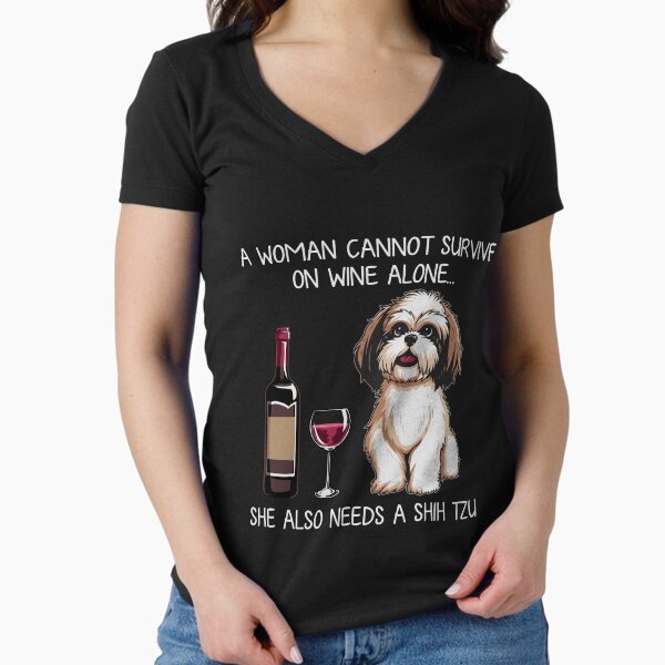 Shih Tzu and wine Funny Dog  Fitted V-Neck T-Shirt for Sale by TeeDoozy