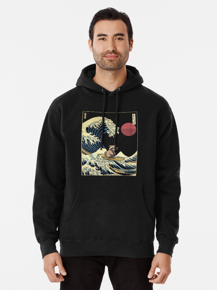 Raccoon Kanagawa Japanese Surfing Wave Pullover Hoodie anime fan merch, daily wear favorite