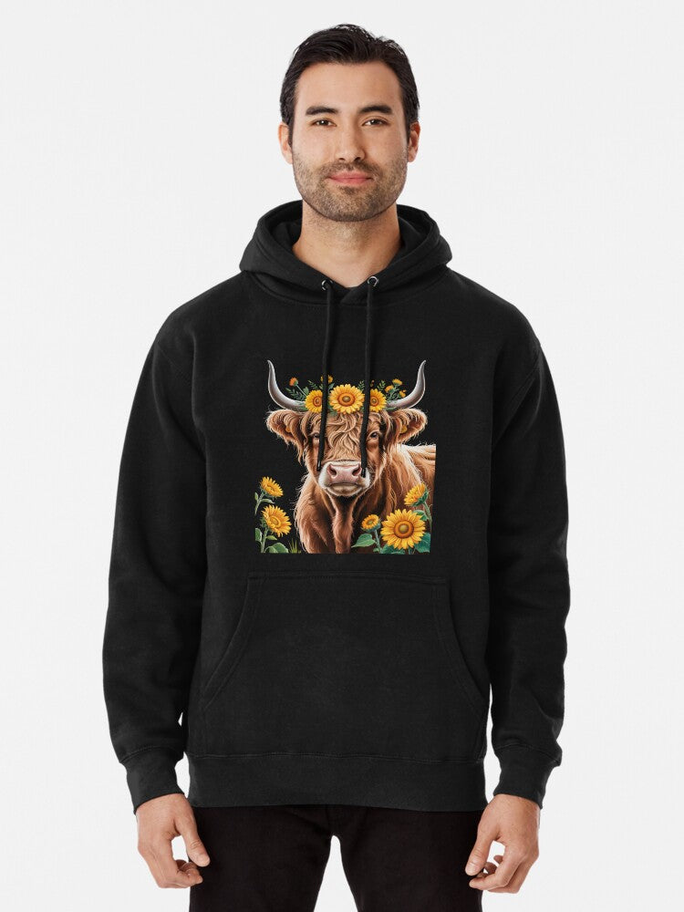 Highland Cow with Sunflower Crown Farm Animal Art Pullover Hoodie vintage style, cold weather essential
