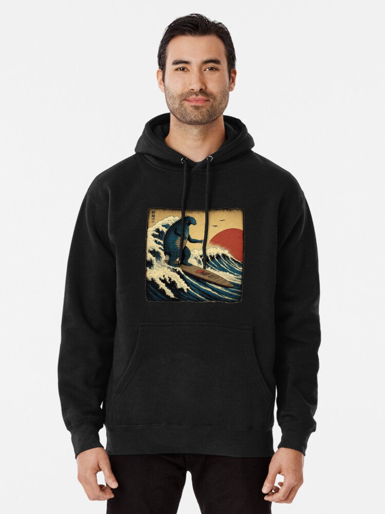 Godzilla Surfing The Great Wave by Hokusai Funny Parody Pullover Hoodie vintage style, TikTok trending look