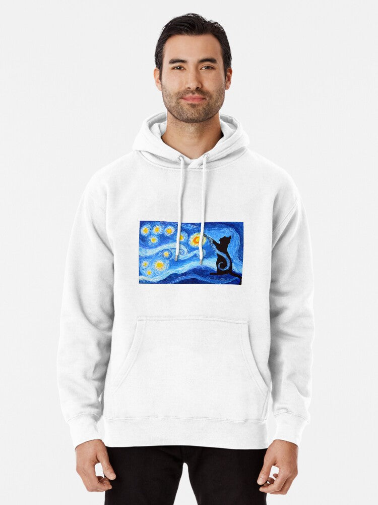 Starry Night Print with a Black Cat Pullover Hoodie aesthetic design, daily wear favorite
