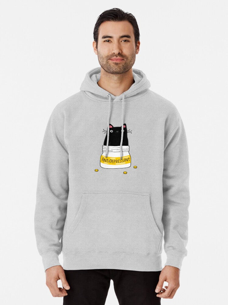 Fur Antidepressant Cute Black Cat Illustration A Gift For A Pet Lover Pullover Hoodie | Cozy Graphic Hoodie | Unisex Pullover