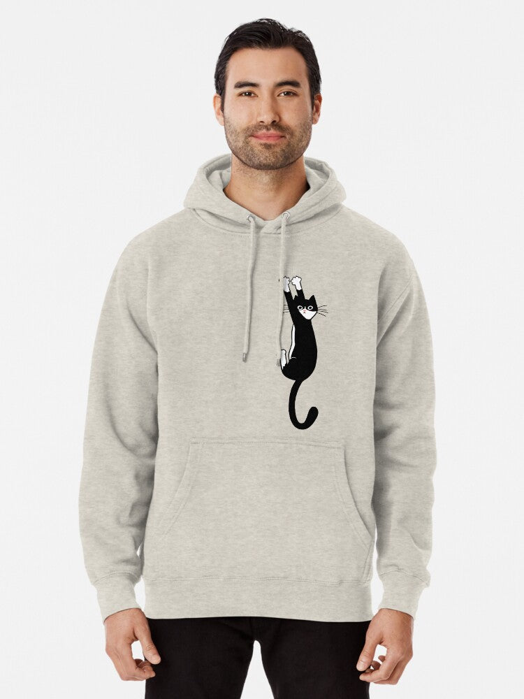 Black and White Cat Hanging On Funny Tuxedo Cat Pullover Hoodie retro vibes, daily wear favorite
