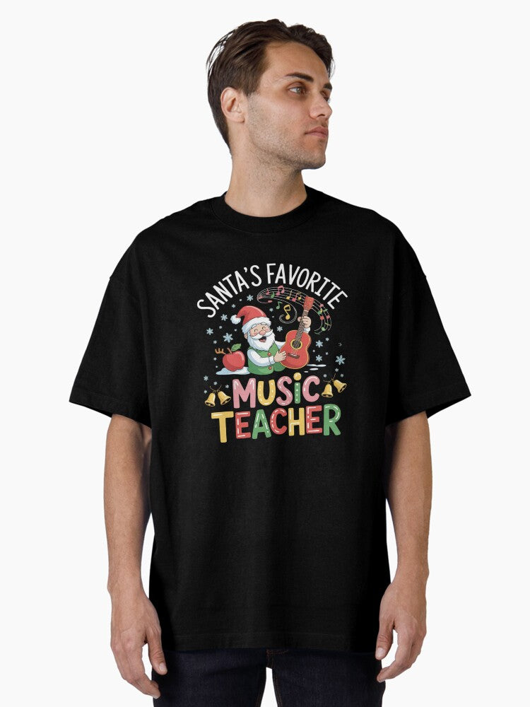 Santa's Favorite Music Teacher Christmas Santa Hat Matching Oversized T-Shirt