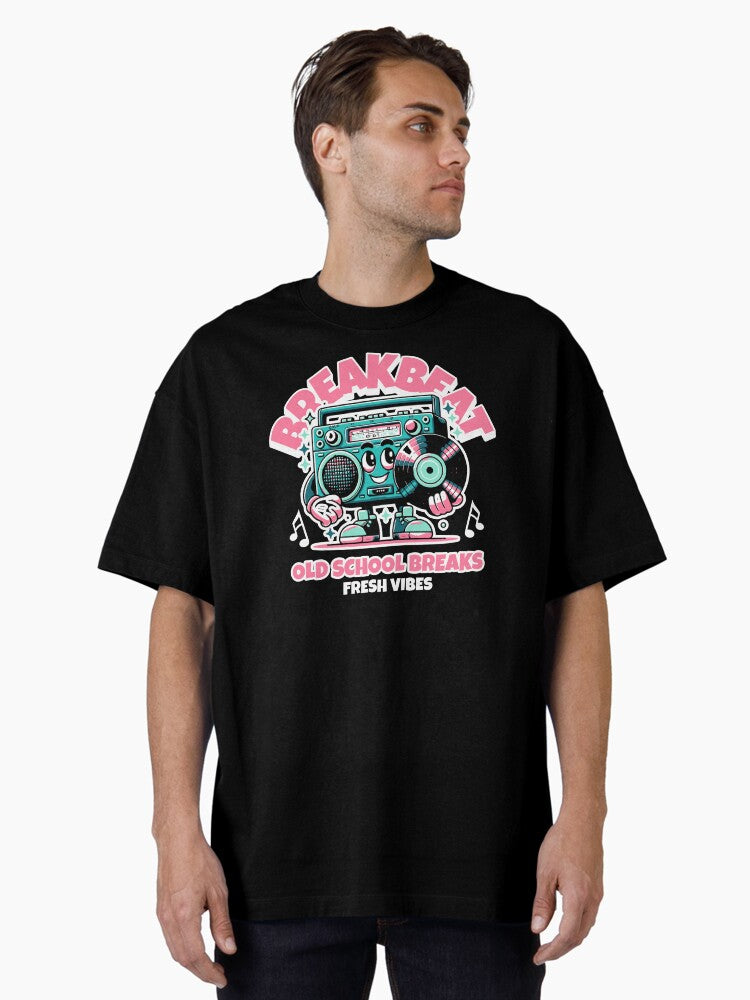 Breakbeat - Old School Boombox Dude Whitepink Oversized T-shirt | Trendy Graphic Tee | Casual Unisex T-shirt