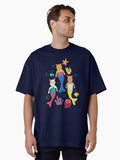 Navy Blue Cat Mermaids Sea Fish Oversized T-Shirt