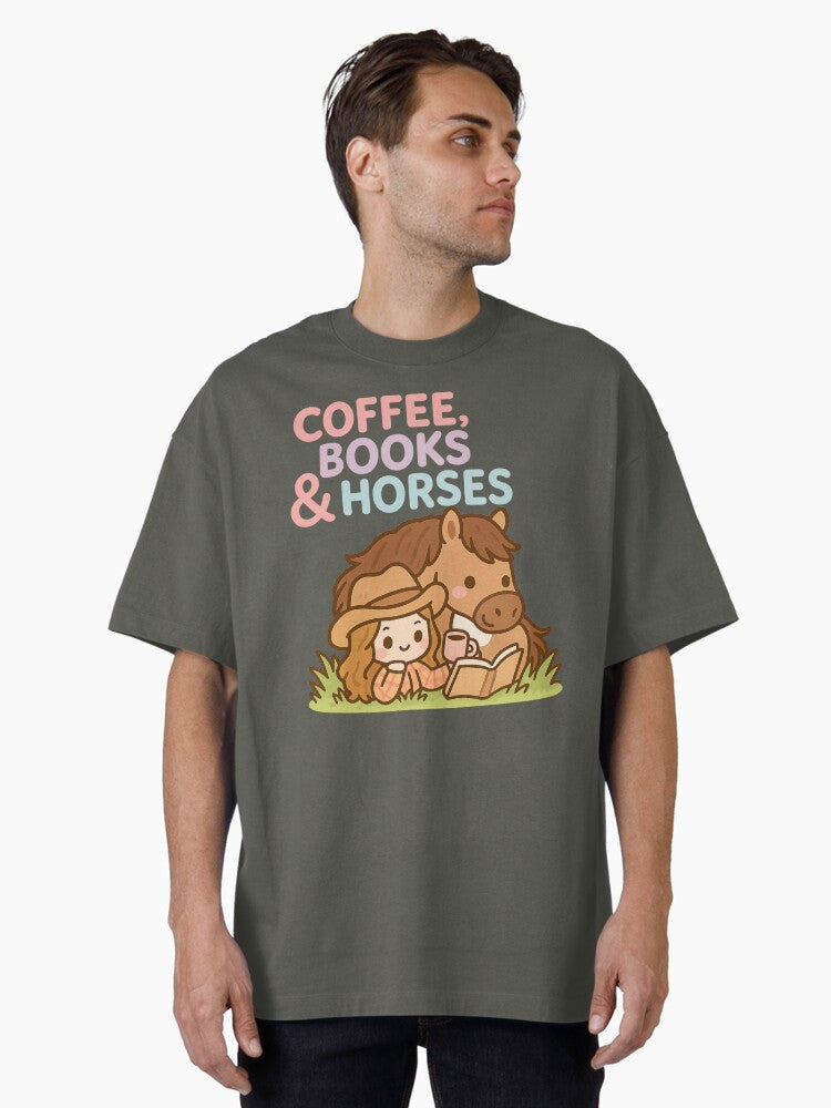 Coffee, Books & Horses - Cozy Kawaii Oversized T-Shirt