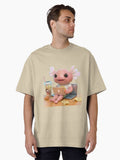"Axolotl Bubble Tea" - Axolotl drinking strawberry milk Oversized T-Shirt