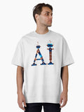 The inscription AI on a white background mechanical robotic copper blue Oversized T Shirt T Shirt Viral TikTok Tech Vibe