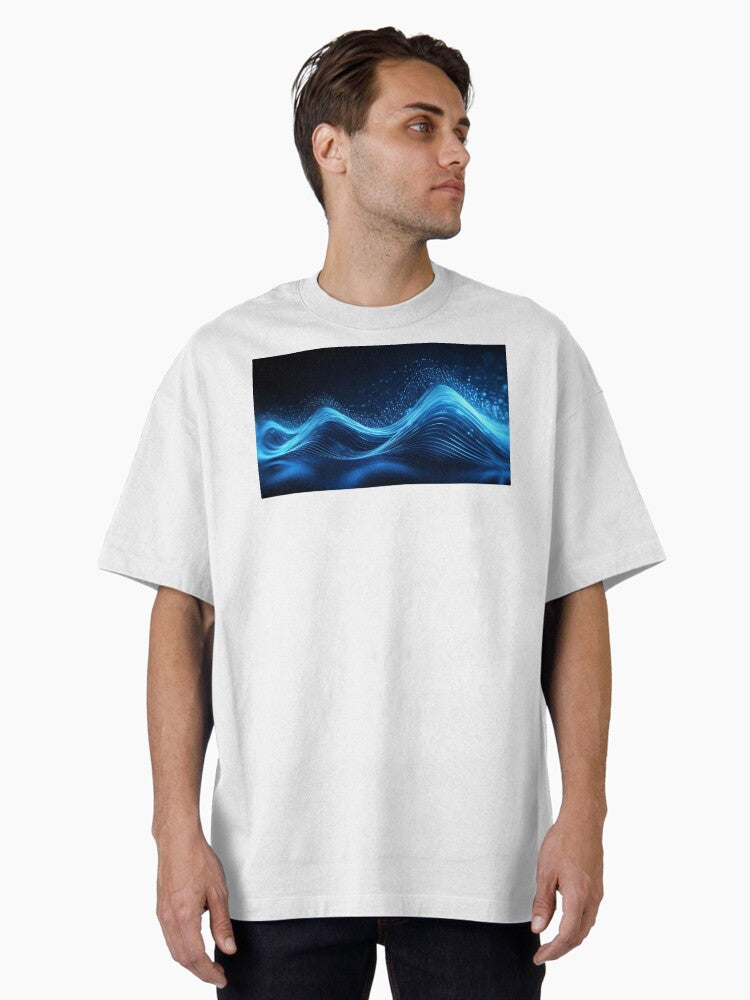 Flowing blue waves of energy and particles on a dark background Oversized T Shirt T Shirt Comfort Fit Tech Vibe