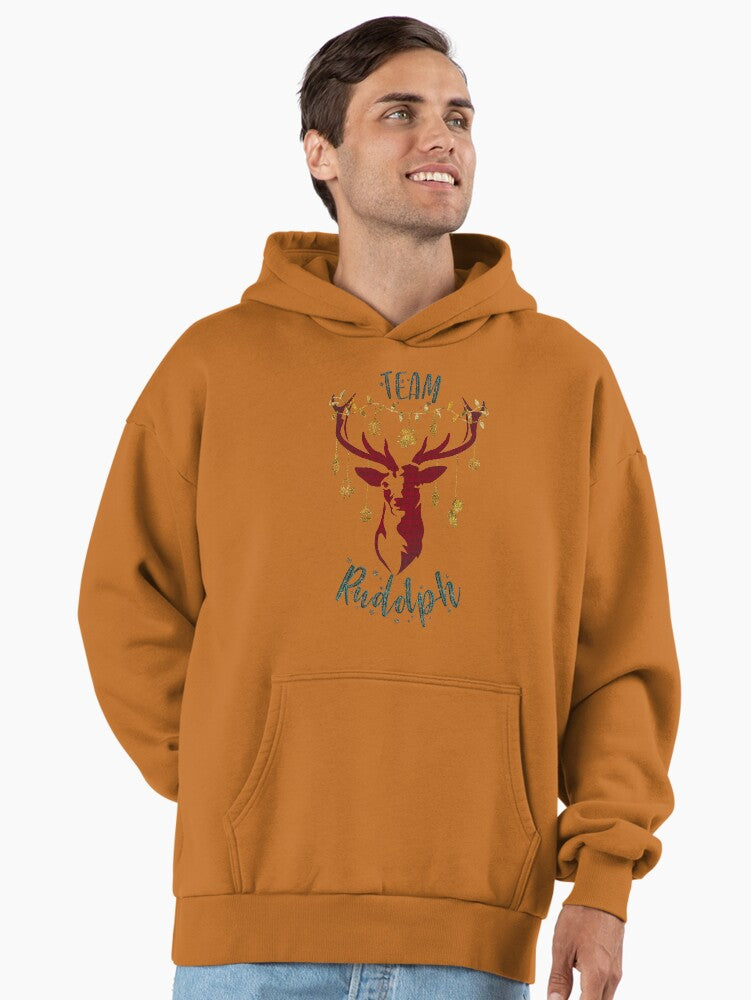 TEAM RUDOPLH Red Buffalo Plaid Pattern Matching Family Christmas Shimmer Xmas Rudolph Reindeer Illustration with Christmas Lights and Xmas Baubles Premium Oversized Hoodie | Premium Unisex T-Shirt, Trending Graphic Tee