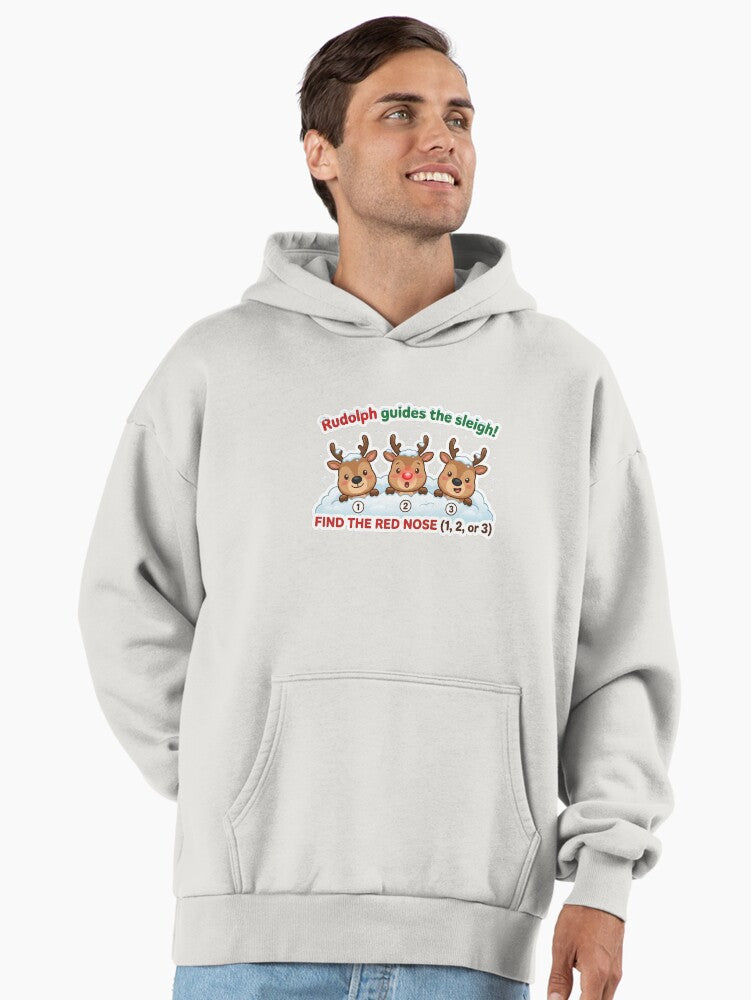Rudolph Guides the Sleigh – Find the Red Nose Christmas Sticker for Kids 4-8 Premium Oversized Hoodie | Premium Unisex T-Shirt, Trending Graphic Tee