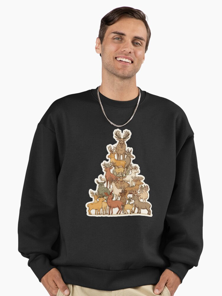 Reindeer Christmas Tree Cartoon sticker desing Premium Oversized Sweatshirt | Premium Unisex T-Shirt, Trending Graphic Tee