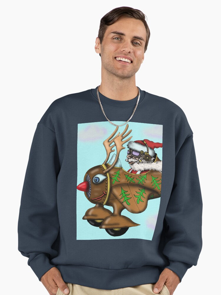 Funny Santa on Rudolph plane drawing Premium Oversized Sweatshirt | Premium Unisex T-Shirt, Trending Graphic Tee