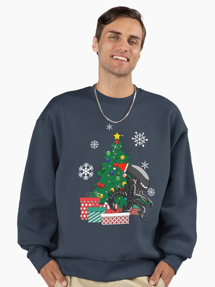 Alien Xenomorph Around The Christmas Tree Premium Oversized Sweatshirt | Premium Unisex T-Shirt, Trending Graphic Tee