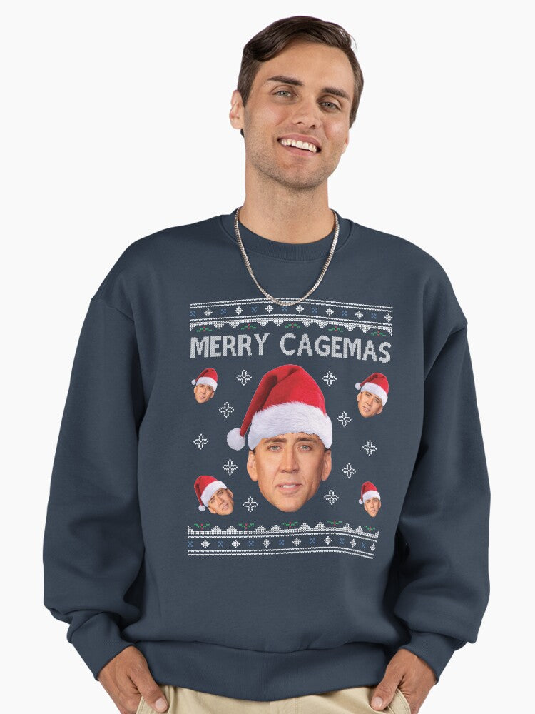 Merry Cagemas Christmas Nicolas Cage Knit Premium Oversized Sweatshirt | Premium Unisex T-Shirt, Trending Graphic Tee