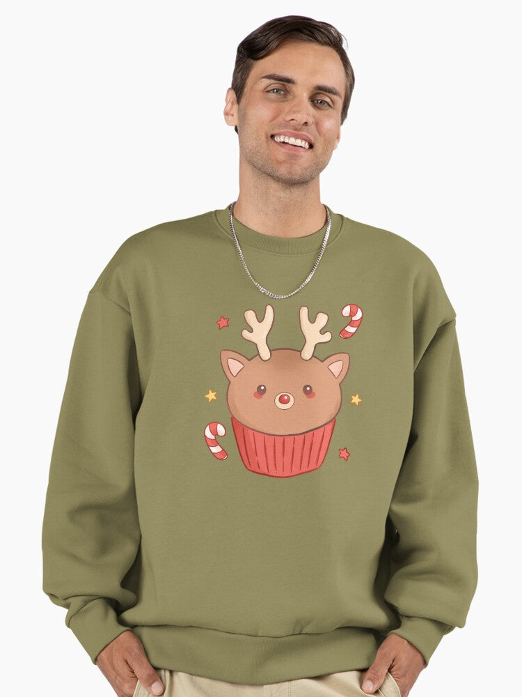Cute Rudolph Reindeer Cupcake Premium Oversized Sweatshirt | Premium Unisex T-Shirt, Trending Graphic Tee
